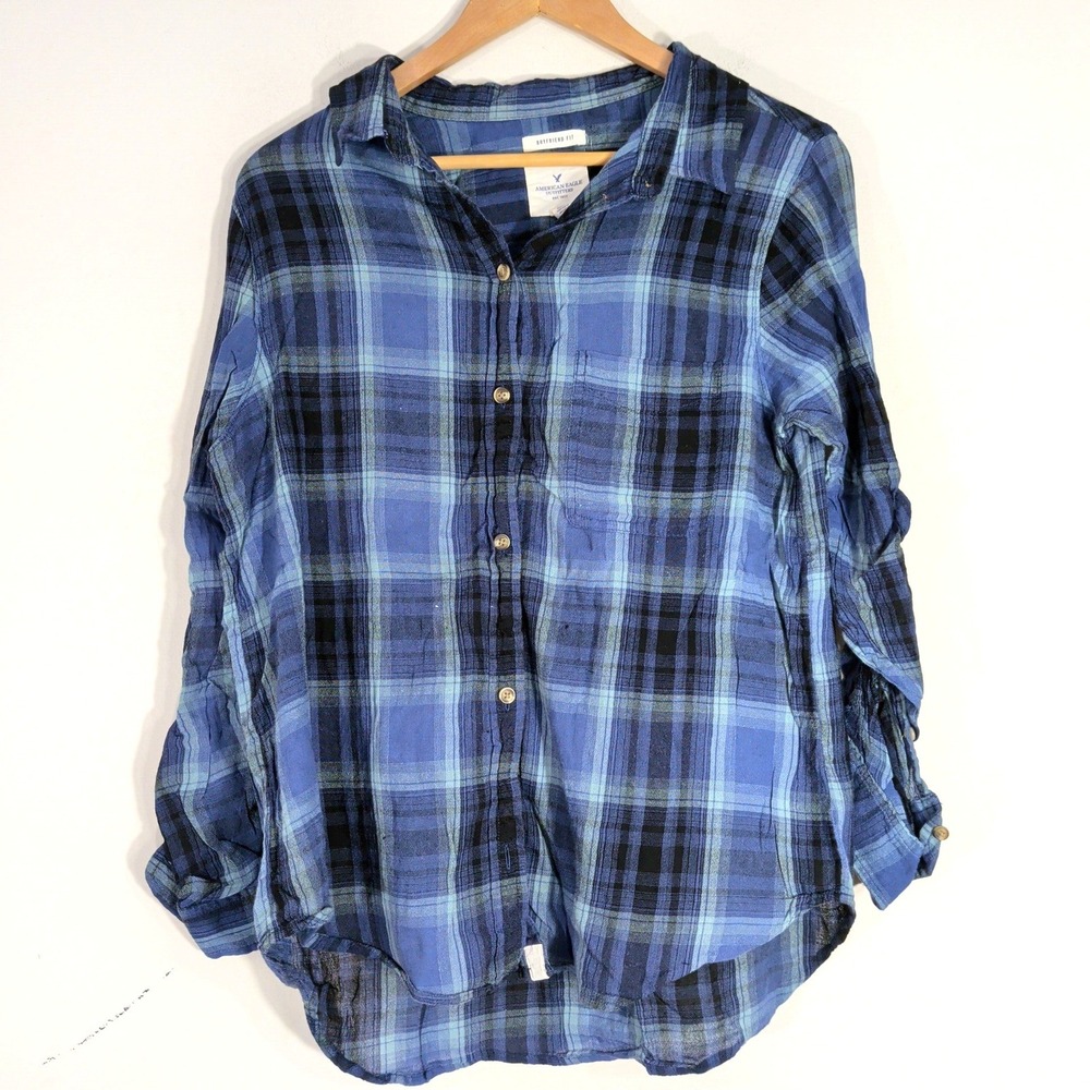 American Eagle Blue Plaid Button Down; Boyfriend Fit Cotton Viscose